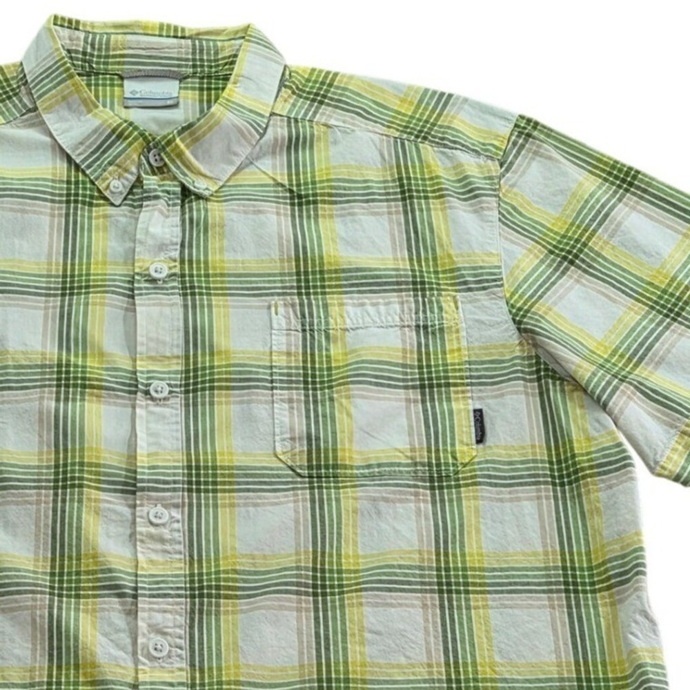 Columbia Short Sleeve Button Up Shirt Plaid Outdoor‎ Casual Green Yellow Mens XL